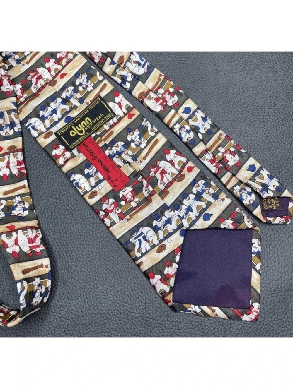 100% Silk Alynn Neckwear Mens Tie Made In USA Blue Red Baseball Bull Pen